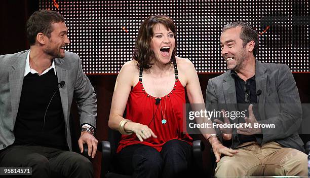 Actor Andy Whitfield, actress Lucy Lawless and actor John Hannah of the television show "Spartacus: Blood and Sand" speak during the Starz Network...