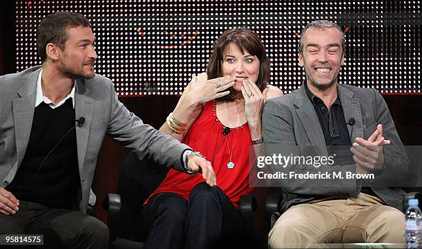 Actor Andy Whitfield, actress Lucy Lawless and actor John Hannah of the television show "Spartacus: Blood and Sand" speak during the Starz Network...