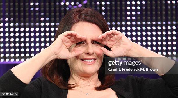 Actress Megan Mullally of the television show "Party Down" speaks during the Starz Network portion of The 2010 Winter TCA Press Tour at the Langham...