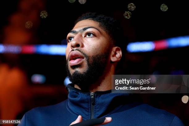 Anthony Davis of the New Orleans Pelicans stands on the court during Game Four of the Western Conference Semifinals of the 2018 NBA Playoffs against...