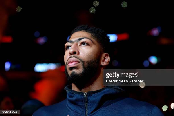 Anthony Davis of the New Orleans Pelicans stands on the court during Game Four of the Western Conference Semifinals of the 2018 NBA Playoffs against...