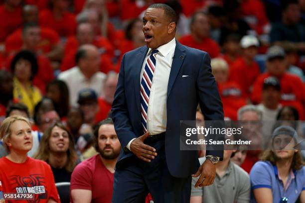 Alvin Gentry of the New Orleans Pelicans argues a call during Game Four of the Western Conference Semifinals of the 2018 NBA Playoffs against the...