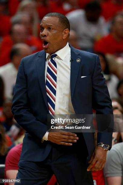 Alvin Gentry of the New Orleans Pelicans argues a call during Game Four of the Western Conference Semifinals of the 2018 NBA Playoffs against the...