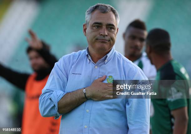 Vitoria Setubal head coach Jose Couceiro from Portugal celebrates after the victory at the end of the Primeira Liga match between Vitoria Setubal and...