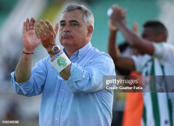 Vitoria Setubal head coach Jose Couceiro from Portugal celebrates after the victory at the end of the Primeira Liga match between Vitoria Setubal and...