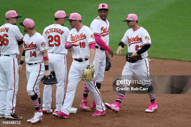 Joey Rickard of the Baltimore Orioles celebrates with teammates following the Orioles 17-1 win over the Tampa Bay Rays at Oriole Park at Camden Yards...
