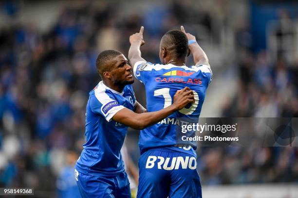 Jubilation after scoring of Ally Mbwana Samatta forward of KRC Genk during the Jupiler Pro League play off 1 match between KRC Genk and Royal...