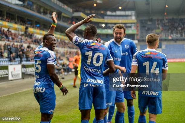 Jubilation after scoring of Ally Mbwana Samatta forward of KRC Genk during the Jupiler Pro League play off 1 match between KRC Genk and Royal...