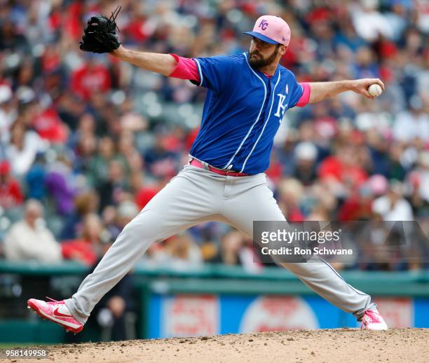 Brian Flynn of the Kansas City Royals pitches against the Cleveland Indians during the sixth inning at Progressive Field on May 13, 2018 in...