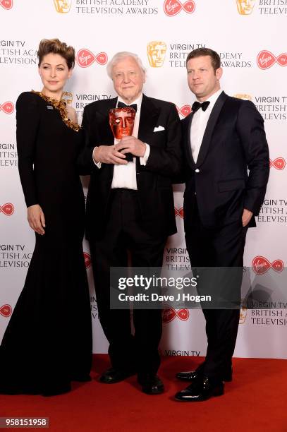 Presenters Emma Willis and Dermot O'Leary with Sir David Attenborough with the award for Virgin TV Must See Moment for 'Blue Planet II', pose in the...