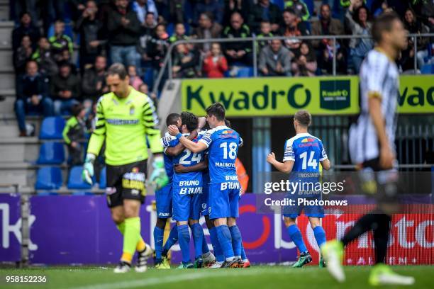 Jubilation after scoring of Ally Mbwana Samatta forward of KRC Genk during the Jupiler Pro League play off 1 match between KRC Genk and Royal...