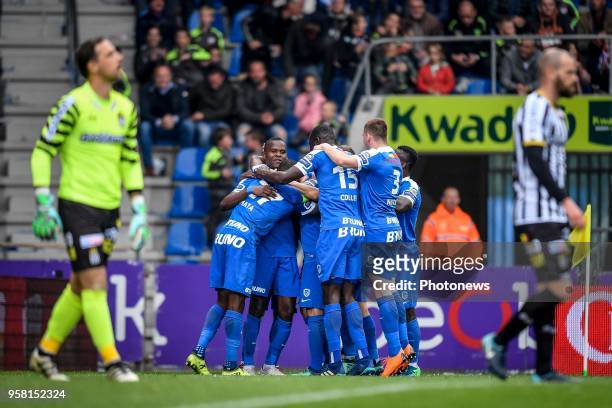 Jubilation after scoring of Ally Mbwana Samatta forward of KRC Genk during the Jupiler Pro League play off 1 match between KRC Genk and Royal...