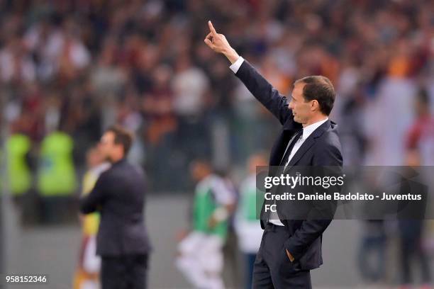 Head coach of Juventus Massimiliano Allegri gestures during the serie A match between AS Roma and Juventus at Stadio Olimpico on May 13, 2018 in...