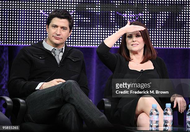 Actor Ken Marino and actress Megan Mullally of the television show "Party Down" speak during the Starz Network portion of The 2010 Winter TCA Press...