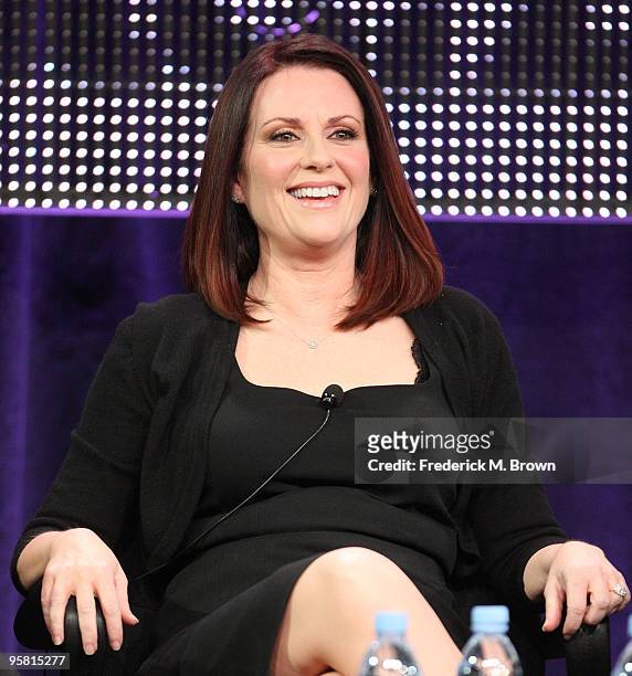 Actress Megan Mullally of the television show "Party Down" speaks during the Starz Network portion of The 2010 Winter TCA Press Tour at the Langham...