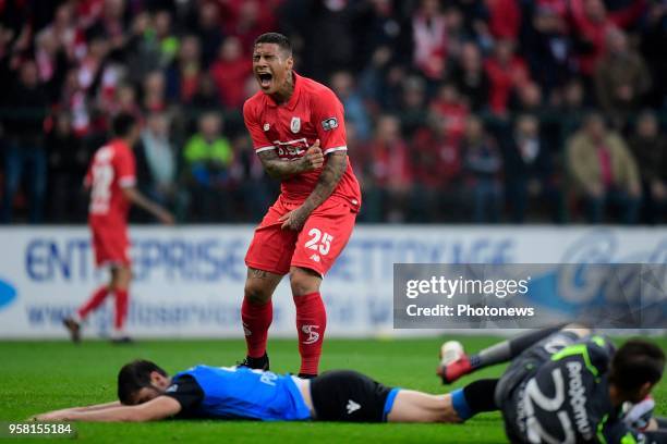 Carlos Vinicius Carlinhos midfielder of Standard Liege looks dejected after missing an opportunity celebrating winning the Jupiler Pro League title...