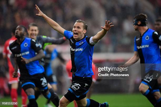 Ruud Vormer midfielder of Club Brugge celebrating winning the Jupiler Pro League title 2017 - 2018 for the 15th time in the history of the club at...