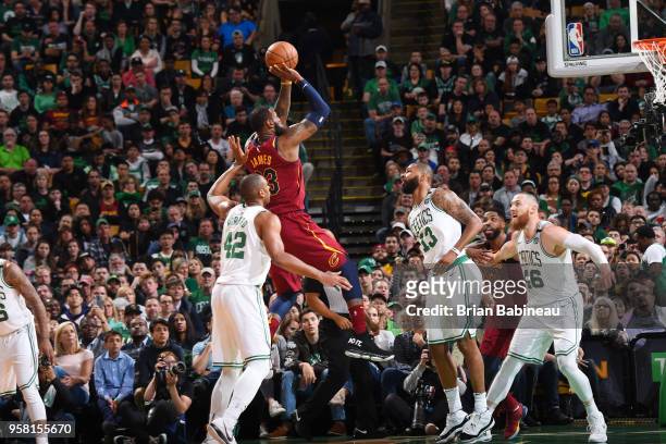 LeBron James of the Cleveland Cavaliers shoots the ball against the Boston Celtics during Game One of the Eastern Conference Finals of the 2018 NBA...
