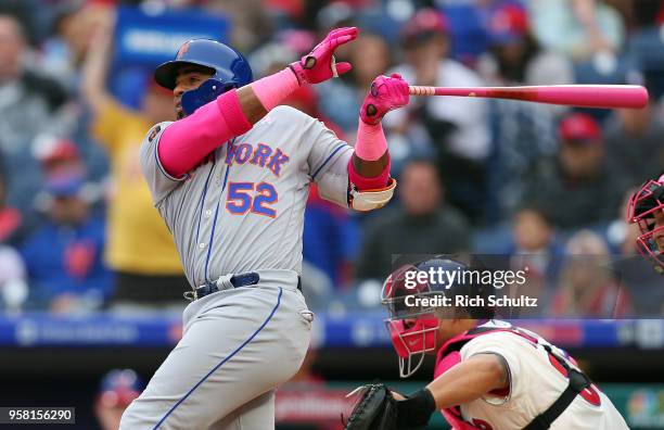 Yoenis Cespedes of the New York Mets hits a home run against the Philadelphia Phillies in the sixth inning of a game at Citizens Bank Park on May 13,...