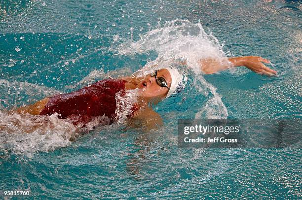 Katie Hoff swims in the Women's 200 Backstroke Prelims during the Long Beach Grand Prix on January 16, 2010 in Long Beach, California.