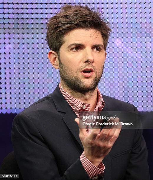 Actor Adam Scott of the television show "Party Down" speaks during the Starz Network portion of The 2010 Winter TCA Press Tour at the Langham Hotel...