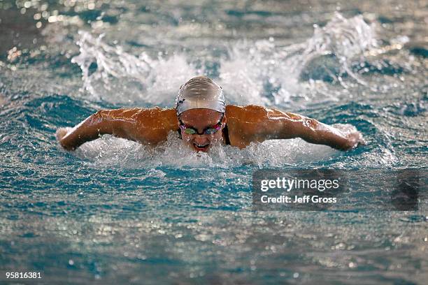 Rebecca Soni swims in the Women's 200 Butterfly Prelims during the Long Beach Grand Prix on January 16, 2010 in Long Beach, California.