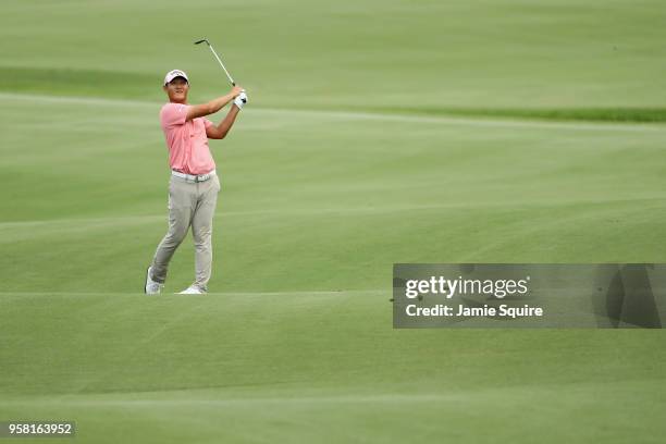 Danny Lee of New Zealand plays a shot on the ninth hole during the final round of THE PLAYERS Championship on the Stadium Course at TPC Sawgrass on...