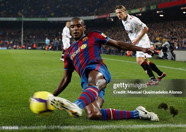 Eric Abidal of FC Barcelona in action during the La Liga match between Barcelona and Sevilla at the Camp Nou stadium on January 16, 2010 in...