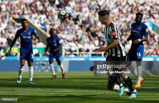 Ayoze Perez of Newcastle United races through on goal during the Premier League match between Newcastle United and Chelsea at St. James Park on May...