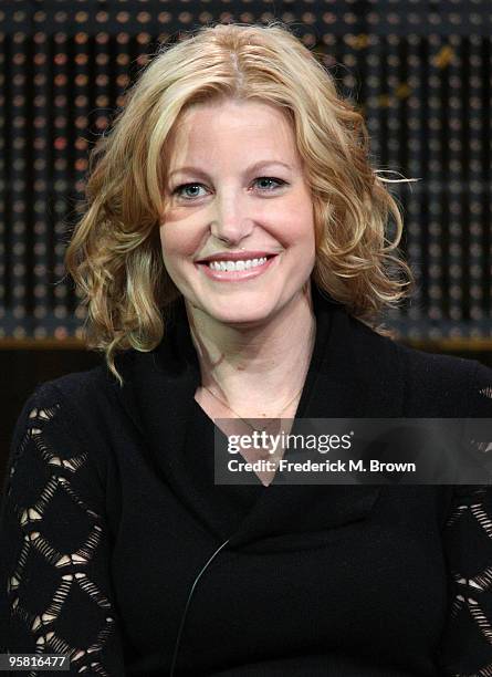 Actor Anna Gunn of the television show "Breaking Bad" speaks during the AMC portion of The 2010 Winter TCA Press Tour at the Langham Hotel on January...