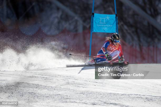 Adeline Baud Mugnier of France in action on the first run during the Alpine Skiing - Ladies' Giant Slalom competition at Yongpyong Alpine Centre on...