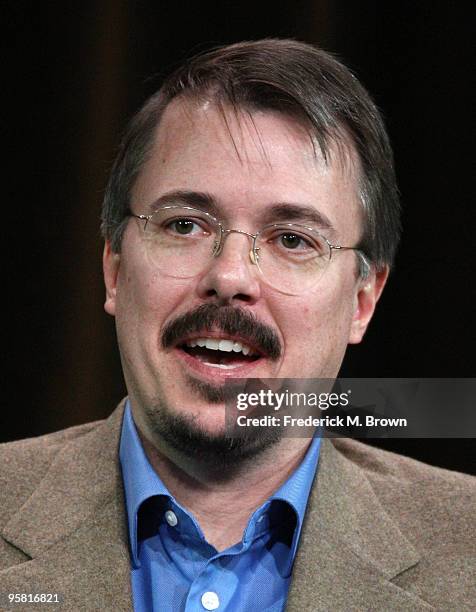 Creator/executive producer Vince Gilligan of the television show "Breaking Bad" speaks during the AMC portion of The 2010 Winter TCA Press Tour at...