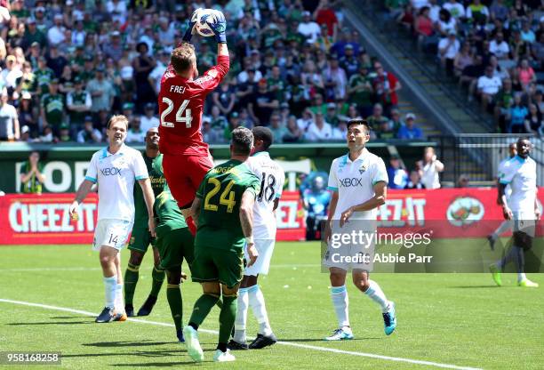 Stefan Frei of the Seattle Sounders saves a goal in the first half against the Seattle Sounders during their game at Providence Park on May 13, 2018...