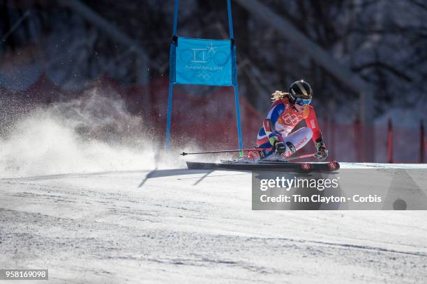 Adeline Baud Mugnier of France in action on the first run during the Alpine Skiing - Ladies' Giant Slalom competition at Yongpyong Alpine Centre on...