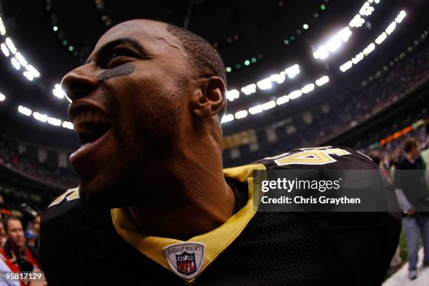 Darren Sharper of the New Orleans Saints celebrates as he walks off the field after their 45-14 win against the Arizona Cardinals during the NFC...