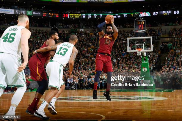 LeBron James of the Cleveland Cavaliers shoots the ball against the Boston Celtics during Game One of the Eastern Conference Finals of the 2018 NBA...