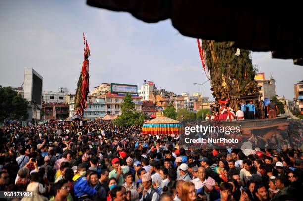 Nepalese devotees arrives to offer ritual prayer during Bhoto Jatra festival at Jawalakhel, Patan, Nepal on Monday, May 14, 2018. Rato Machindranath...