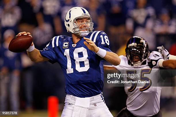 Quarterback Peyton Manning of the Indianapolis Colts throws the ball as Terrell Suggs of the Baltimore Ravens rushes in during the AFC Divisional...