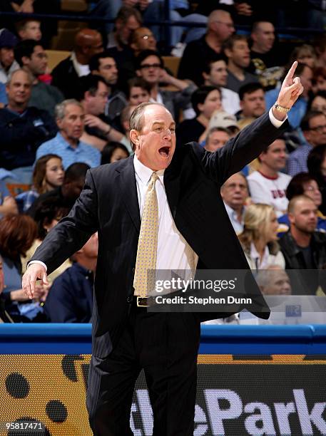 Head coach Ben Howland ofthe UCLA Bruins shoiuts instructions against the USC Trojans on January 16, 2010 at Pauley Pavillion in Westwood, California.