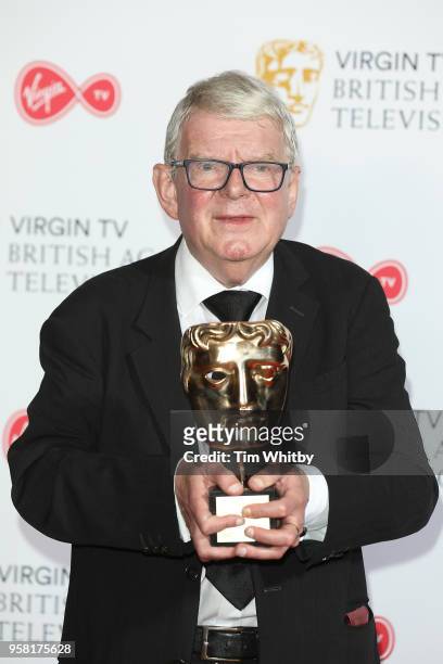John Motson poses with his Special Award in the press room at the Virgin TV British Academy Television Awards at The Royal Festival Hall on May 13,...
