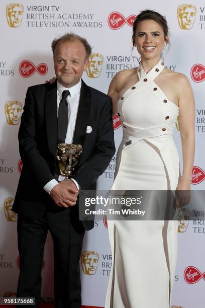 Toby Jones , winner of Male Performance In A Comedy Programme for 'Detectorists' and presenter Hayley Atwell pose in the press room at attends the...