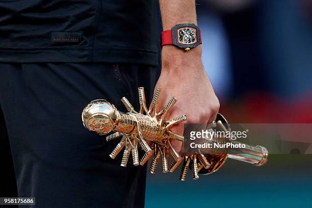 Alexander Zverev of Germany holds the trophy after winning the tournament in his final match against Dominic Thiem of Austria during day nine of the...