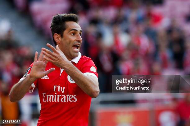 Benfica's forward Jonas reacts during the Portuguese League football match between SL Benfica and Moreirense FC at Luz Stadium in Lisbon on May 13,...