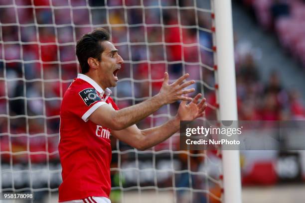 Benfica's forward Jonas reacts during the Portuguese League football match between SL Benfica and Moreirense FC at Luz Stadium in Lisbon on May 13,...