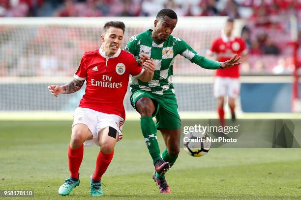 Benfica's defender Alejandro Grimaldo vies for the ball with Moreirense's defender Sagna during the Portuguese League football match between SL...