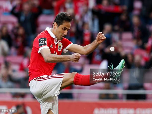 Benfica's forward Jonas celebrates his goal during the Portuguese League football match between SL Benfica and Moreirense FC at Luz Stadium in Lisbon...