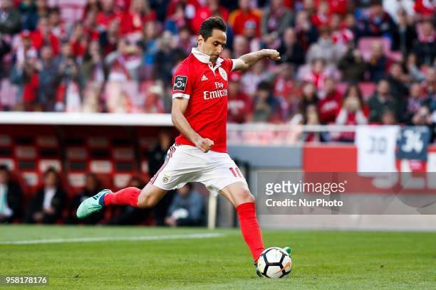 Benfica's forward Jonas shoots a penalty kick to score his side's goal during the Portuguese League football match between SL Benfica and Moreirense...