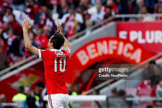 Benfica's forward Jonas celebrates his goal during the Portuguese League football match between SL Benfica and Moreirense FC at Luz Stadium in Lisbon...