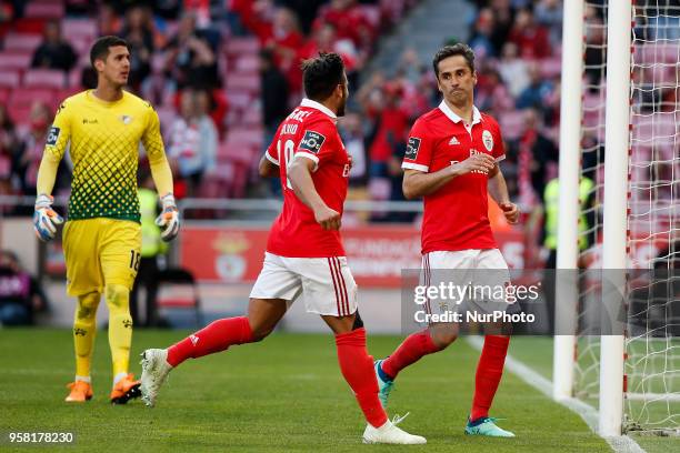 Benfica's forward Jonas celebrates his goal with Benfica's forward Eduardo Salvio during the Portuguese League football match between SL Benfica and...