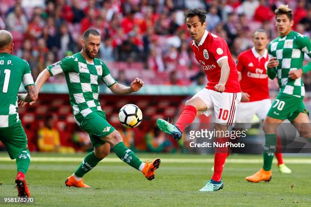 Benfica's forward Jonas vies for the ball with Moreirense's defender Rafael Costa during the Portuguese League football match between SL Benfica and...